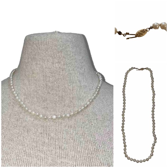Vintage Estate 14K Gold IWI Akoya Peals Knotted Necklace W Filigree Safety Clasp